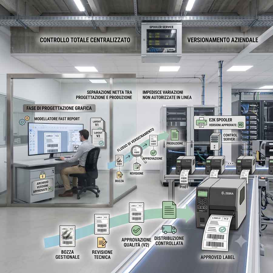 versionamento dei layout di stampa e del controllo totale offerto da E2K Spooler